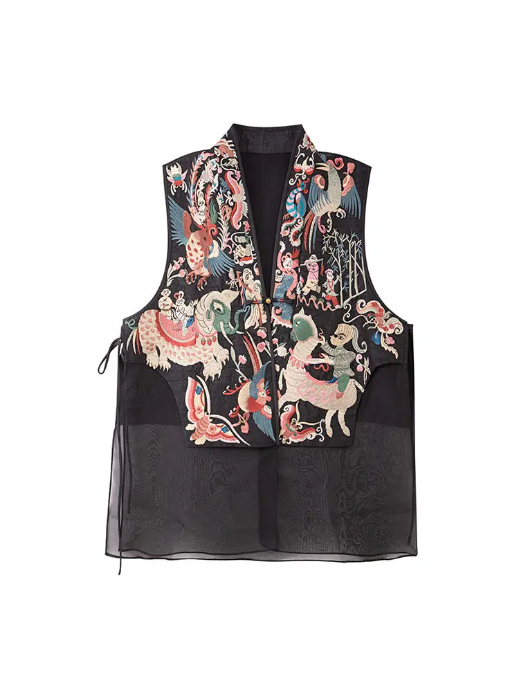 Vintage-Westen im chinesischen Stil, Jacke, genähtes Netz, bestickte Schnalle, Tang-Kostüm, Mantel, Sommer, einzigartige ärmellose Damenweste – Detail 12