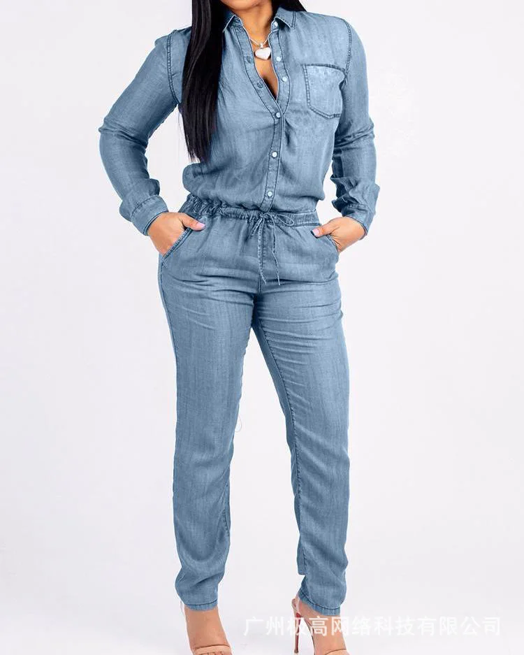 

2023 Fashion Straps Jeans Women's Solid Color Stitching Single-breasted Slim Casual Jumpsuit