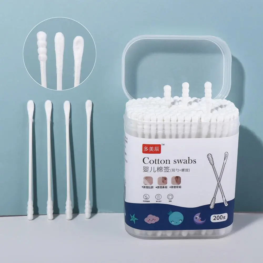 Cotton Swabs 200pcs/box Baby Cotton Swab Newborn Disposable Ear Nose Scoop Double Head Cotton Tip Fluorescent Agent Free Baby Bub