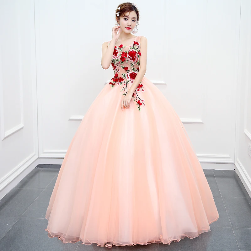 

Sweet Light Pink Vestidos De Debutante Elegant Sleeveless Floor-length Ball Gowns Delicate Floral Scoop Neck Quinceanera Dresses