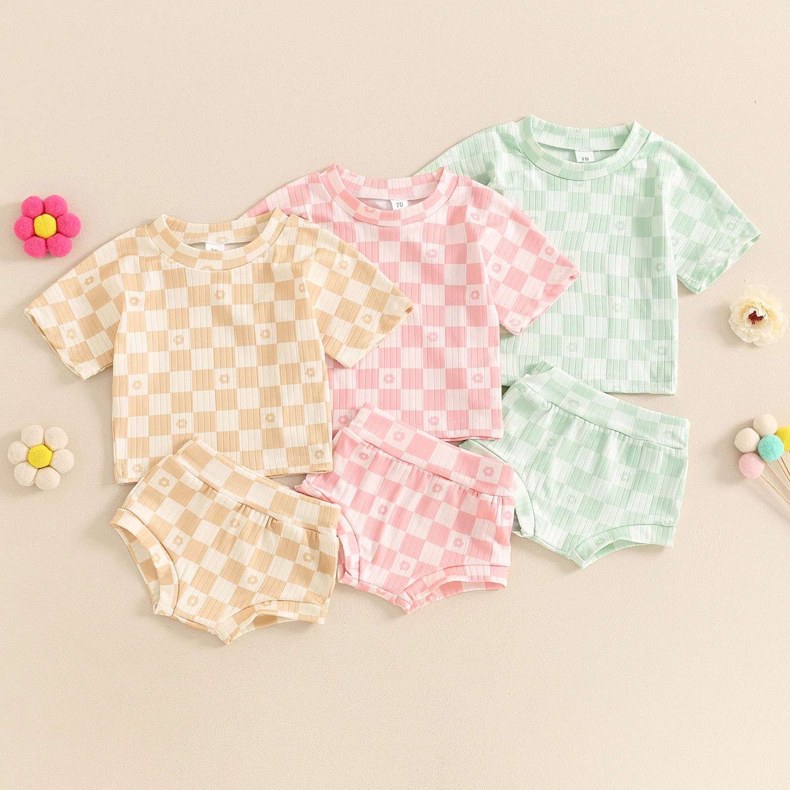 

2pcs Baby Girls Summer Casual Ribbed Knit Shorts Sets Short Sleeve Checkerboard Print Tops PP Shorts Sets Soft Baby Clothes Set