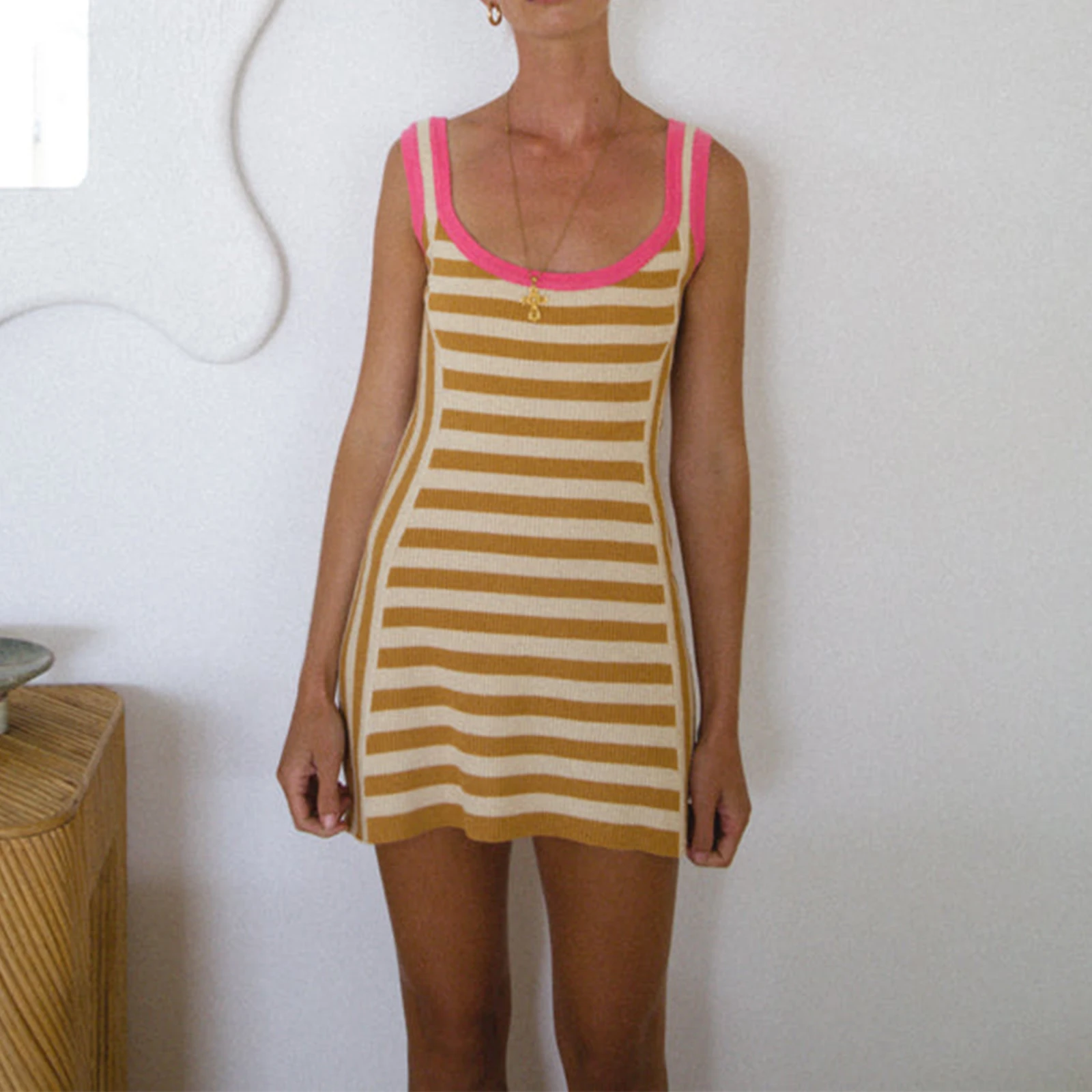 

Spring Summer Fashion Women's Sexy Dresses Sleeveless U Neck Backless Striped Knitting Casual Outfits Party Dress