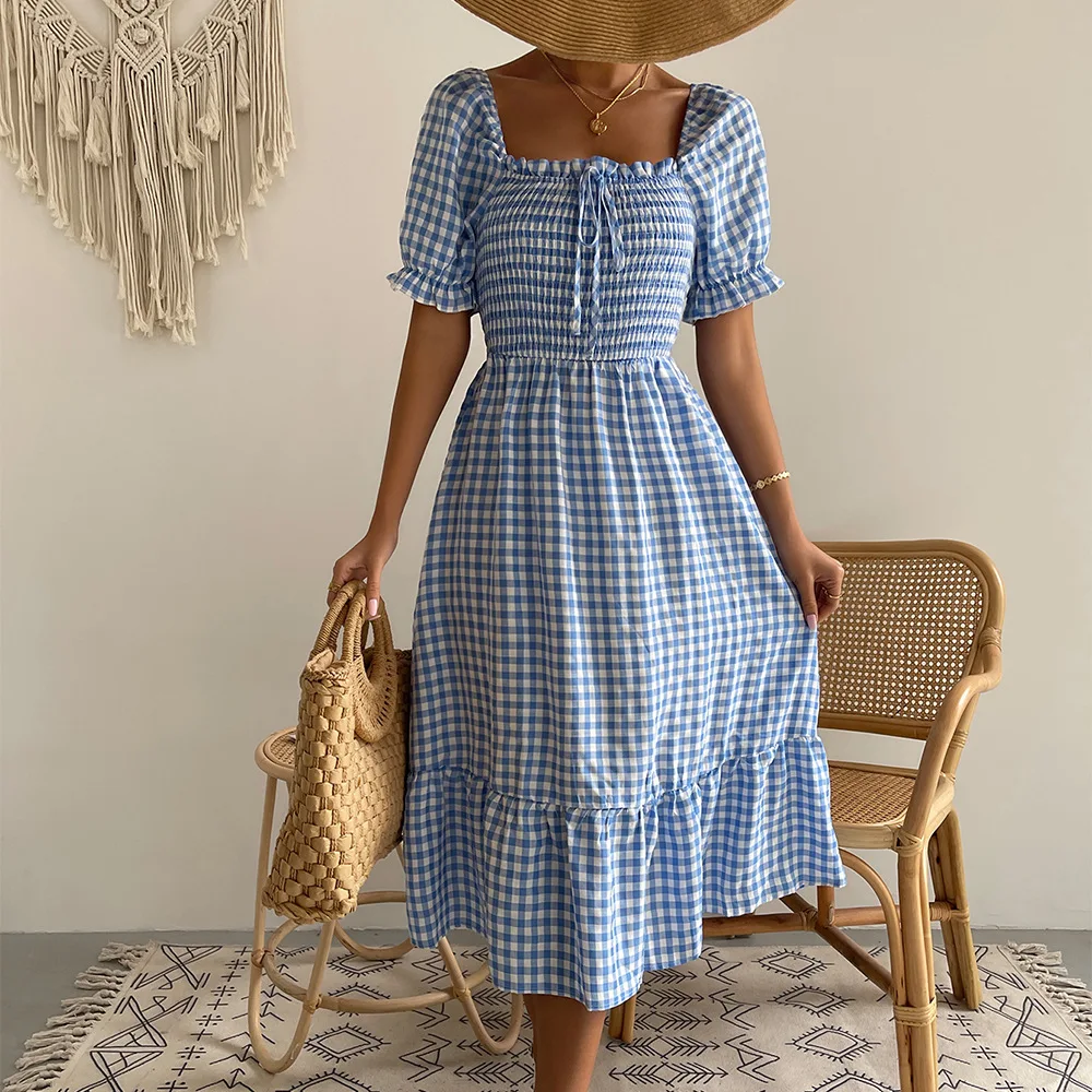 

WildPinky 2023 Summer Plaid Print Robe Midi Dress Women Elegant Puff Sleeve Casual Slash Neck Loose Holiday Party Long Vestidos