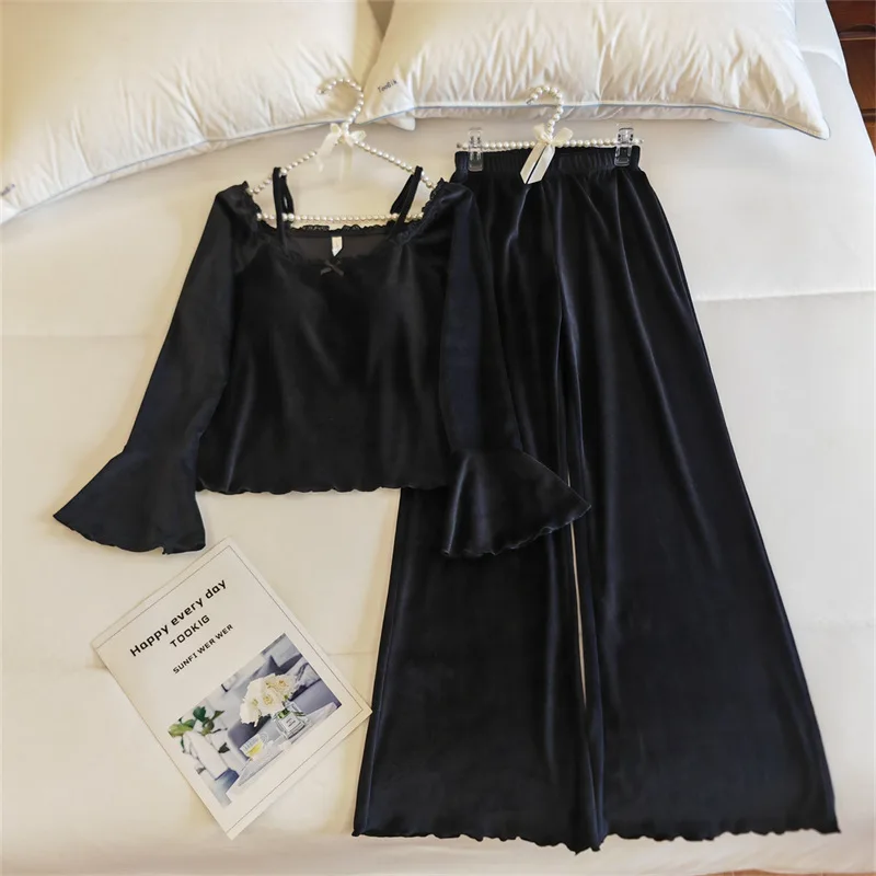 Warme Winter Nachtwäsche Sexy Pyjamas Set Brust Pad Top Hosen Sets Langarm Nachtwäsche Casual Rüschen frauen Hause Kleidung – Detail 19