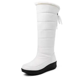 Women's Waterproof Winter Snow Boots with Warm Fur Plush - Casual Wedge Knee High Boots in Black and White - 38 (WHITE)