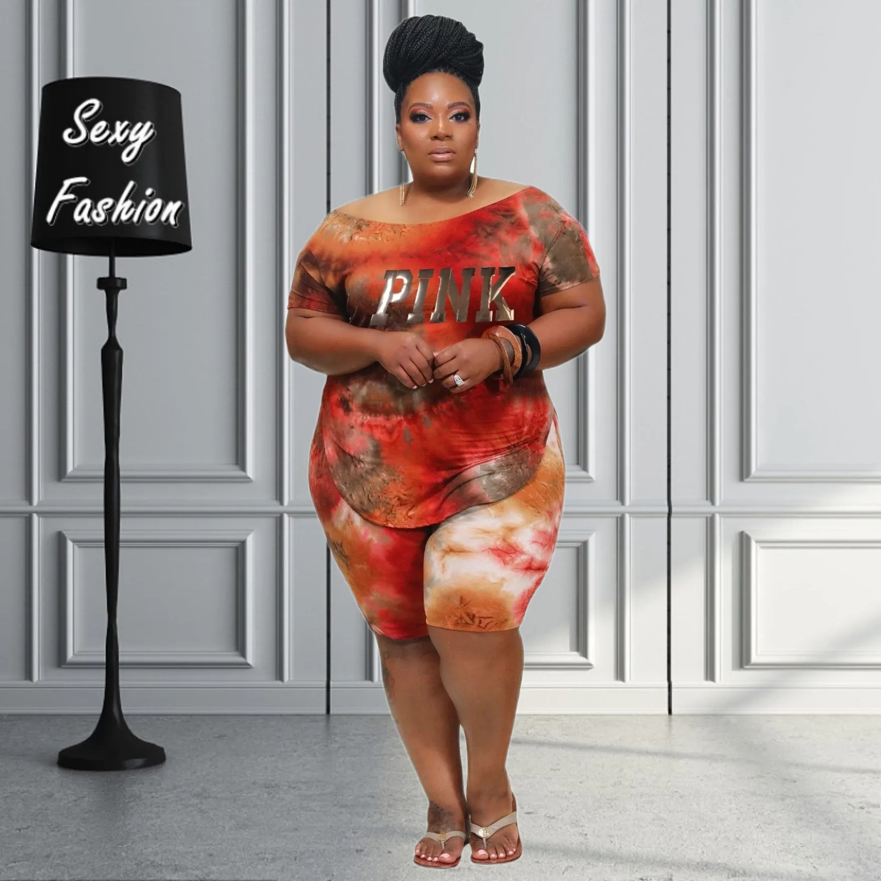 

XL-4XL 2023 Summer Women Clothing African Plus Size Two Piece Sets Fashion Tie Dye Short Sleeve Loose Casual Sexy Matching Sets