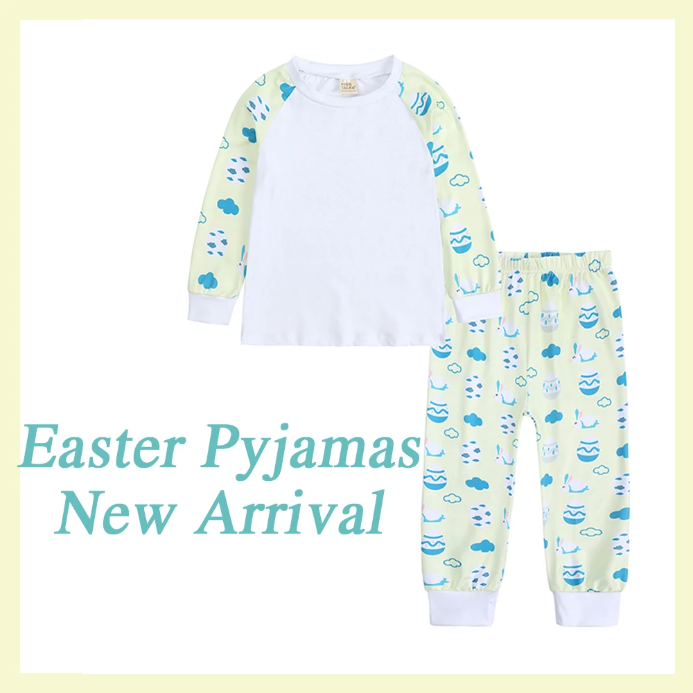 2025 Easter Pyjamas Kids Rabbit Eggs Bunny Sets Long Sleeve Top+Pants Pajamas Children Ribbon Homewear Clothes 2Pcs Toddler Suit 3