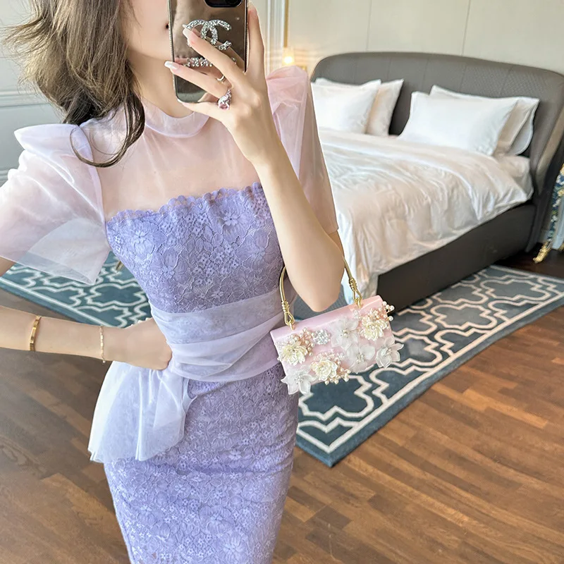 

Harajpoo Модные женские 2024 Летние Новые Нежные элегантные сетчатые облегающие дизайнерские фиолетовые кружевные вечерние платья