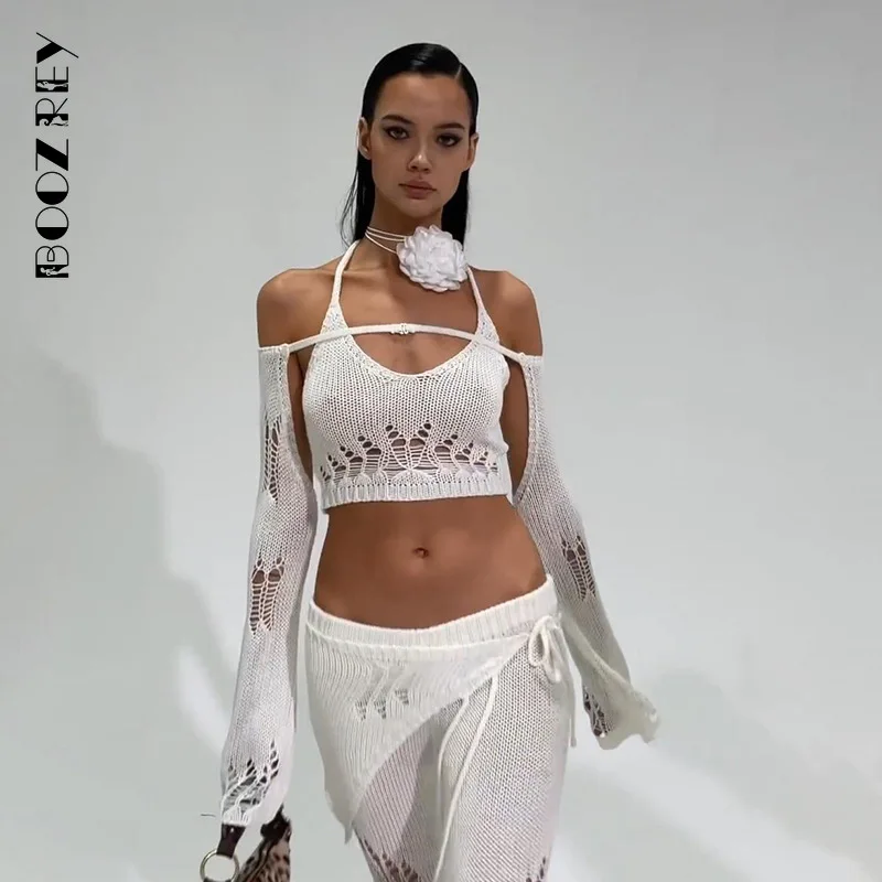 

BoozRey Y2K Sexy Knitted 2 Piece Set Women 2023 Summer Low Neckline Hollow Out Long Sleeve Top+ Hip-length Mini Skirt Outfits