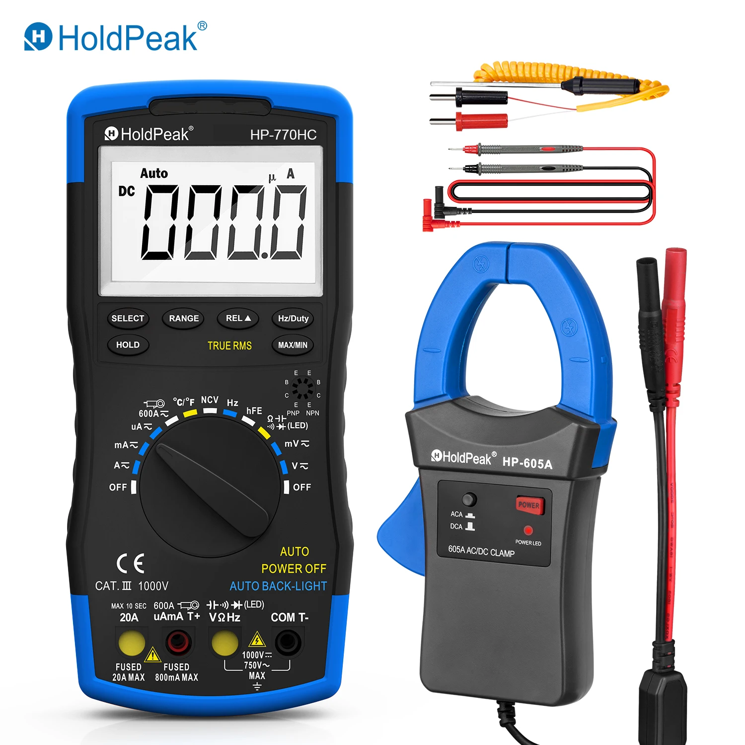 HoldPeak HP-770HC Digital Multimeter Tester True RMS Smart Autoranging Probe With NCV+HP-605A Clamp Adapter 600A  AC/DC Current