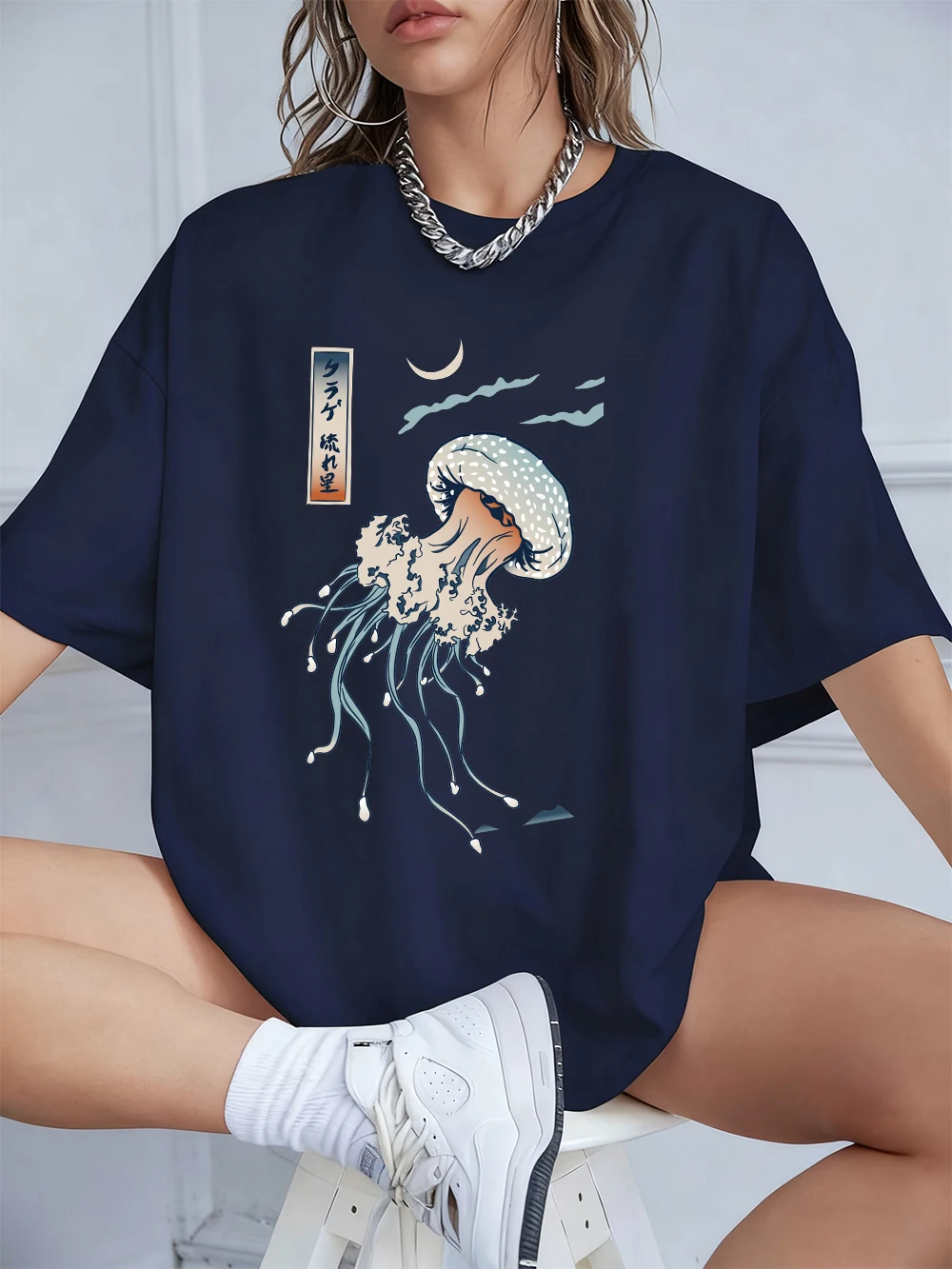 Harajuku Jellyfish Print Women's Cotton Tee - Soft, Loose-Fit Summer Top