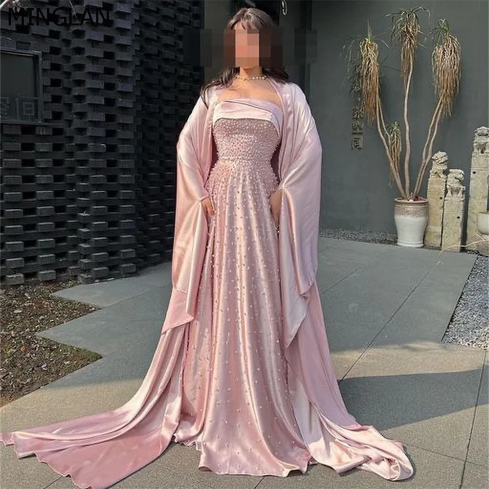 

MINGLAN Elegant Pink Full Sleeve Strapless Sequined A Line Long Evening Dress Floor Length Sweep Train Formal Prom Gown New 2023