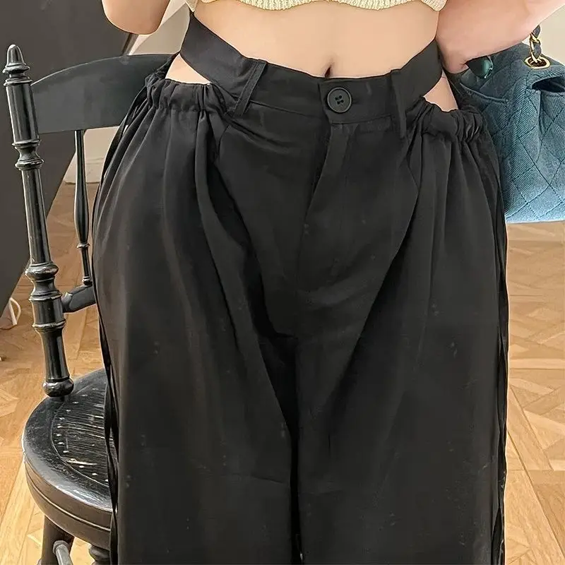Spring new fashionable straight leg wide leg pants, high waisted hollow out long pants, loose casual pants for women