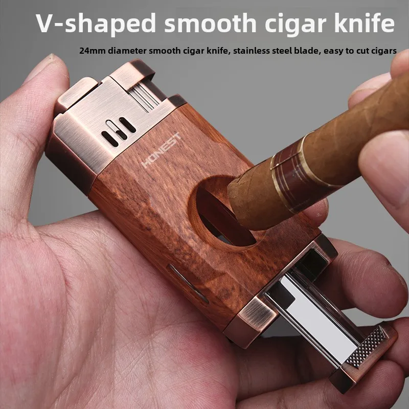 HONEST  Windproof Double Jet Flame Butane Cigar Lighter with Cutter, Refillable Durable Torch for Outdoor Cigars & Pipe Lighting 2