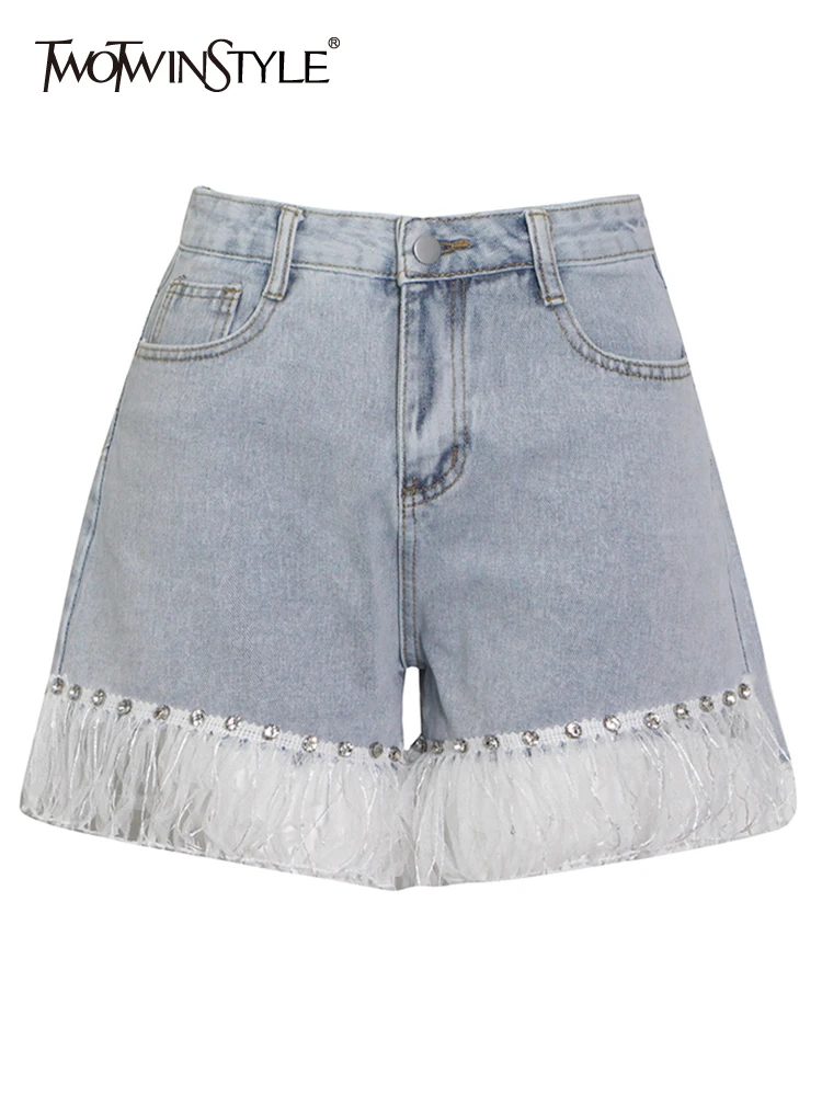 

TWOTWINSTYLE Patchwork Tassels Hem Shorts For Women High Waist Solid Minimalist Short Pants Female Clothes Summer New 2022 Style