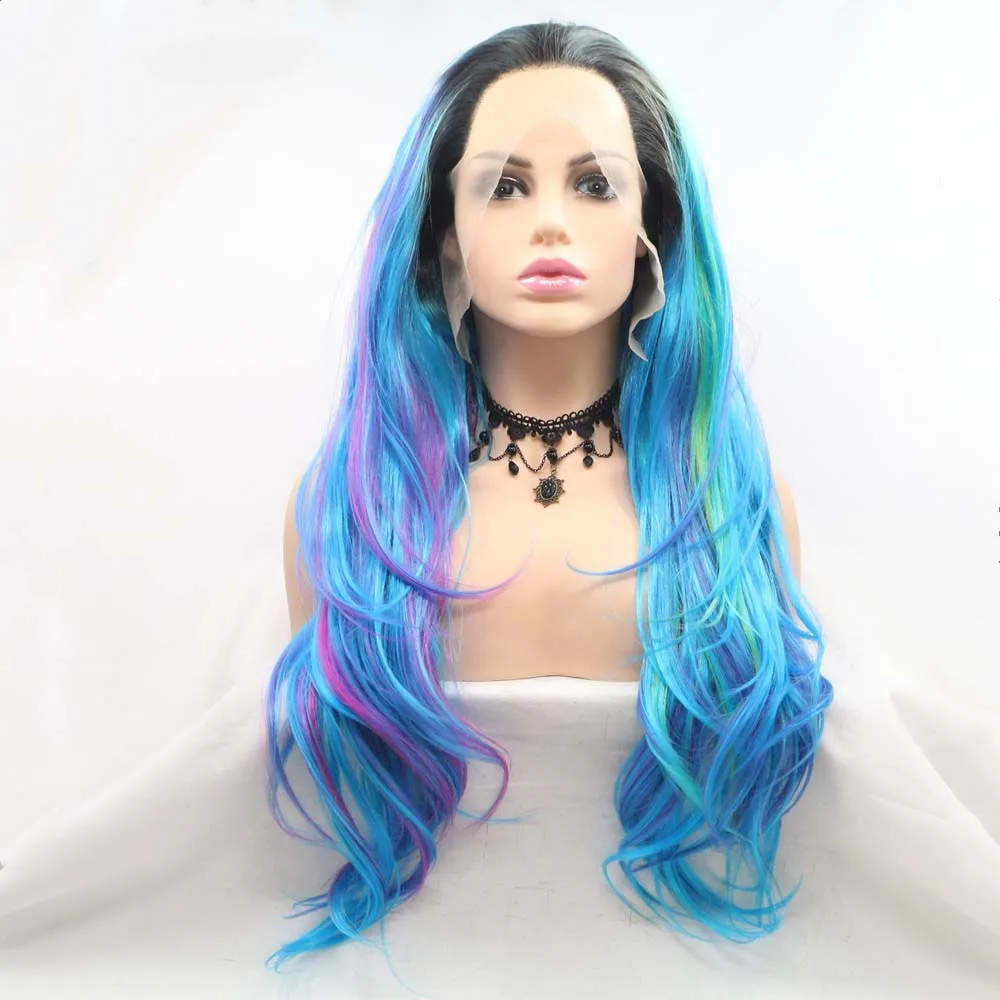 Sylvia Wig Blue/Rainbow Wigs Synthetic Mixed Blue Lace Front Wigs With Dark Root Heat Resistant Fiber Long Wavy