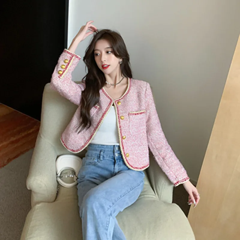 

Женское шерстяное твидовое пальто, винтажное короткое пальто с золотистой пряжкой и карманами, верхняя одежда розового цвета с длинным рукавом, Осень-зима 2022