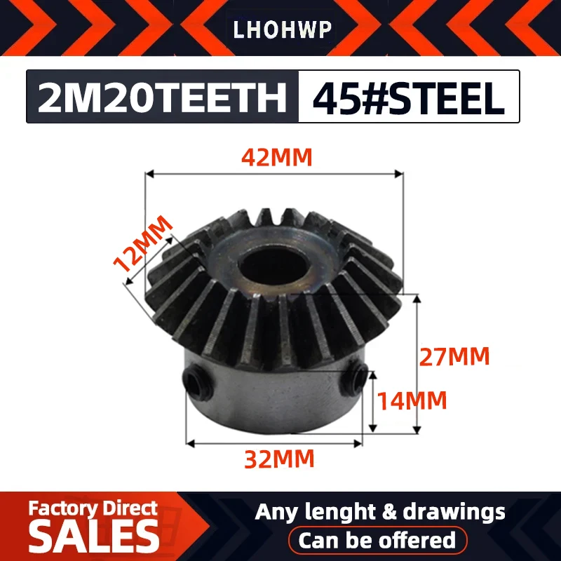 Bevel Gear 2pcs 2M 20Teeth Inner Hole 8/10/12/14/15/16/17/18/19/20 mm Gear 90 Degrees Meshing Angle Steel Gears Screw Hole M5 transmission gear