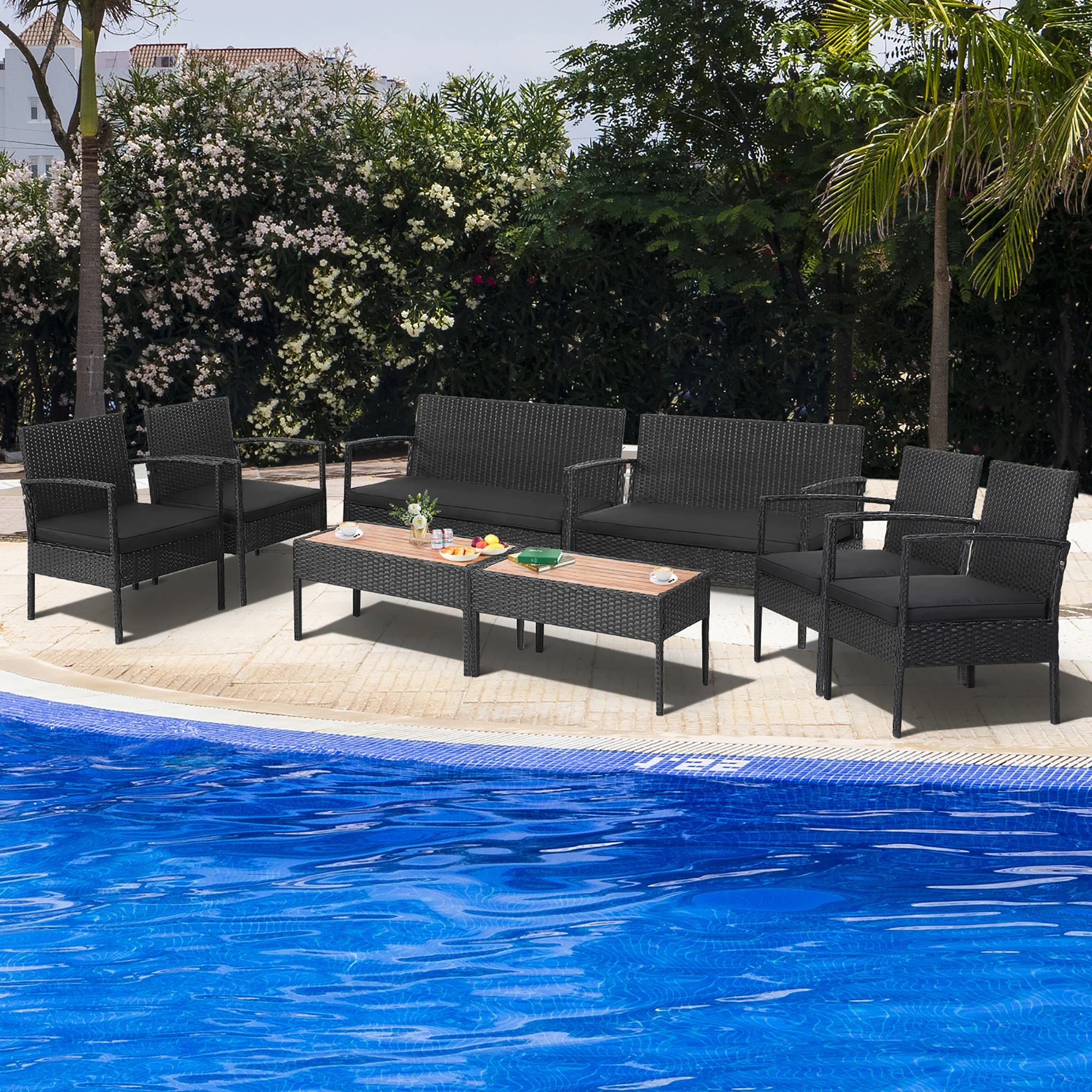 8PCS Patio Rattan Furniture Set Cushioned Chair Wooden Tabletop Black