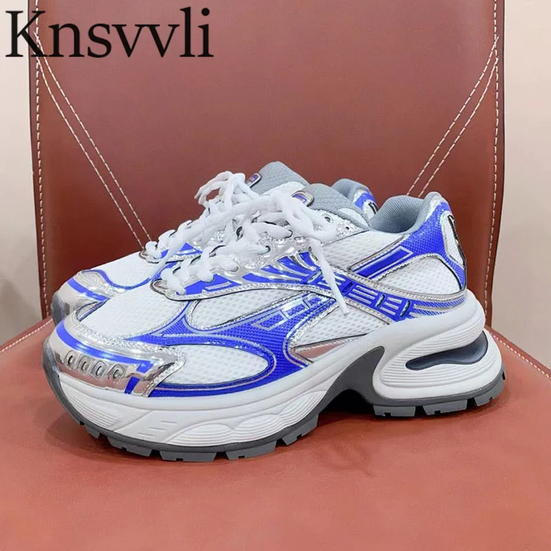 

New Models Thick Sole Sneakers Woman Round Toe Lace Up Daddy Shoes Mesh Hollow Outs Casual Running Shoes Women Flat Sports Shoes