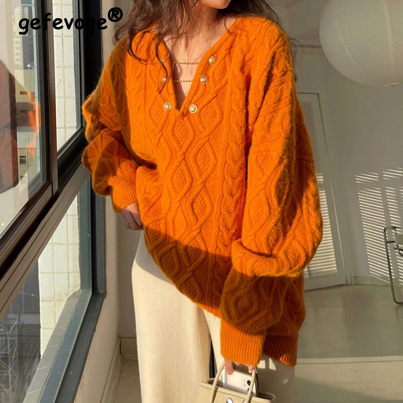 

Autumn Winter V-neck Chain Loose Causal Sweater Female Solid Color Knitting Pullover Top Women Fashion All-match Jumpers Outwear