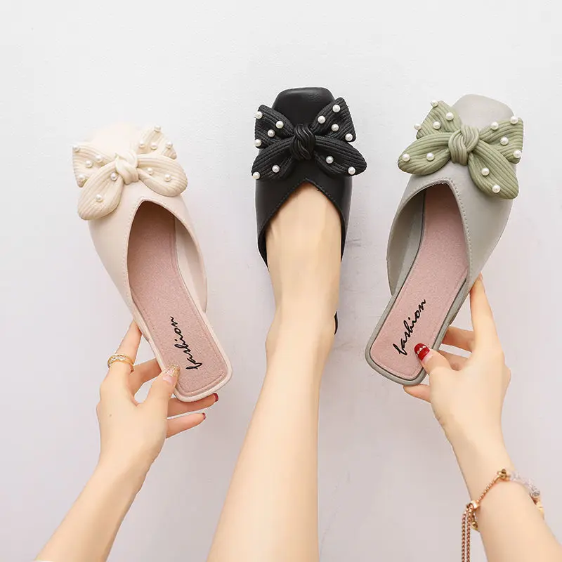 Bowknot Slippers Ladies New Summer Fashion Outer Wear Low-heeled Comfortable Square-toe Sandals Women's Shoes