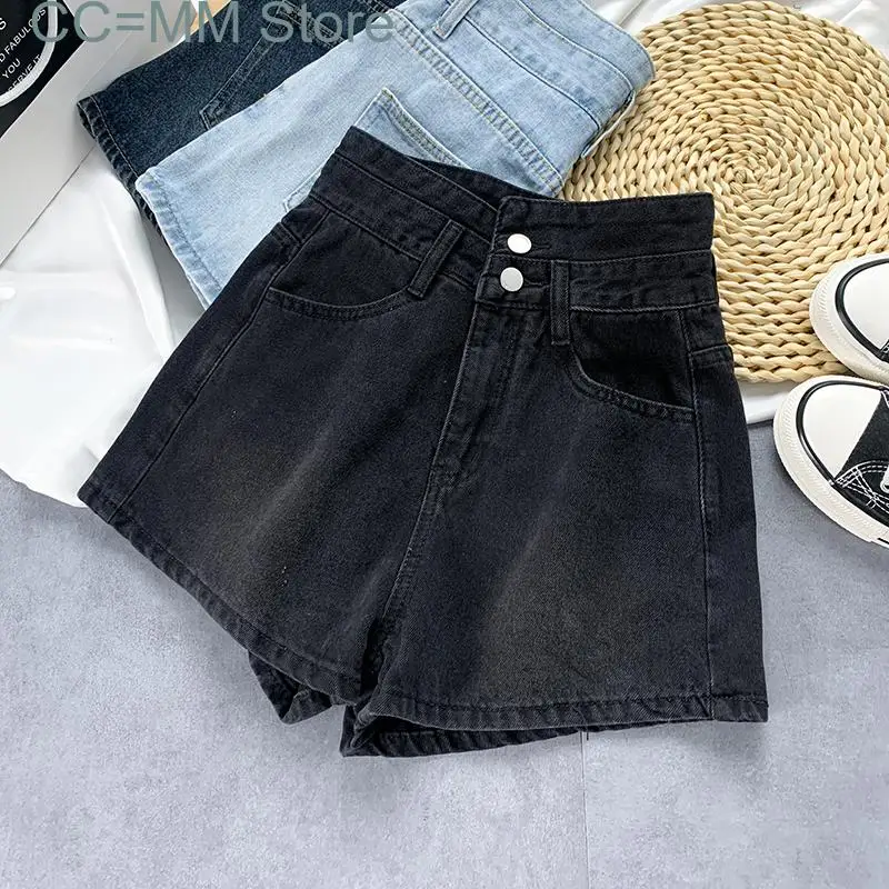 New Button Up Wide Leg Jeans Shorts Women High Waisted Korean Fashion Baggy Denim Shorts Pants Summer Ladies Trousers
