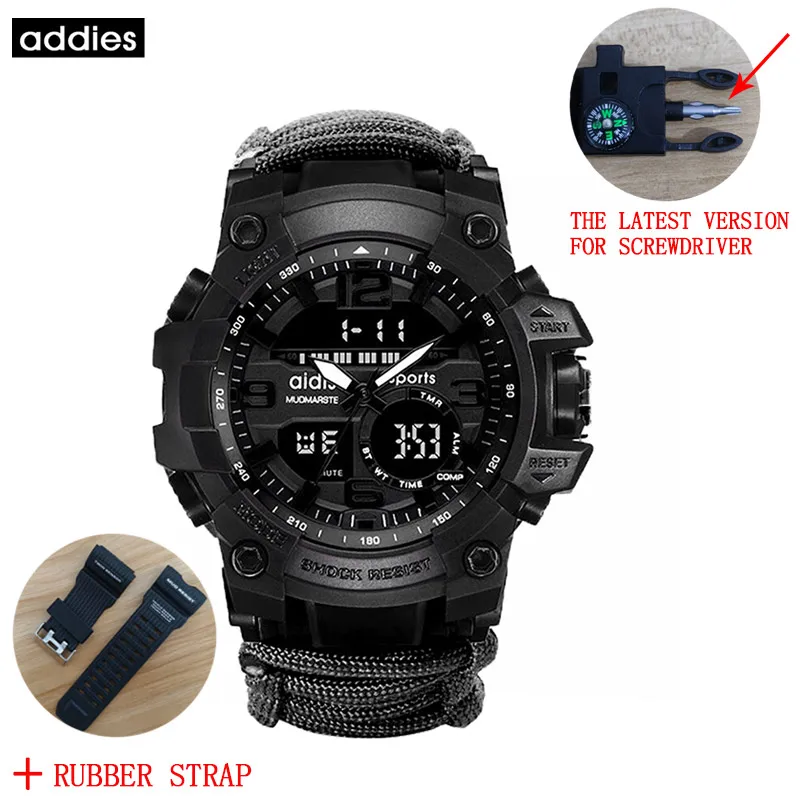 ADDIES Military Survive Outdoor LED Digital Watch  Multifunction Compass Whistles Waterproof Quartz Army Watch relogio masculino 