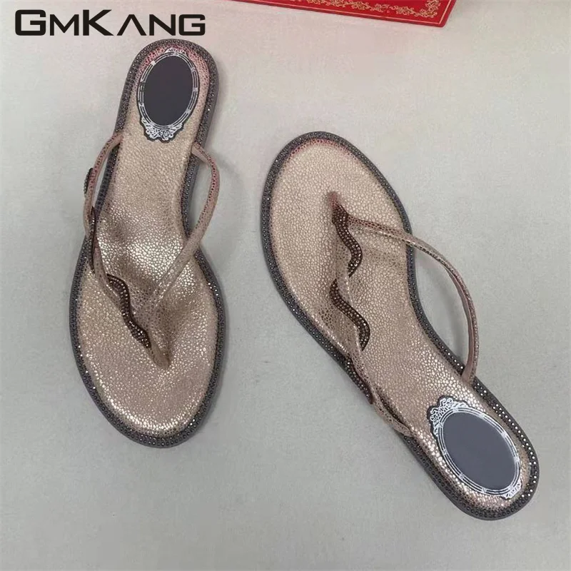 Summer women's foot clip diamond snake round flat herringbone slippers