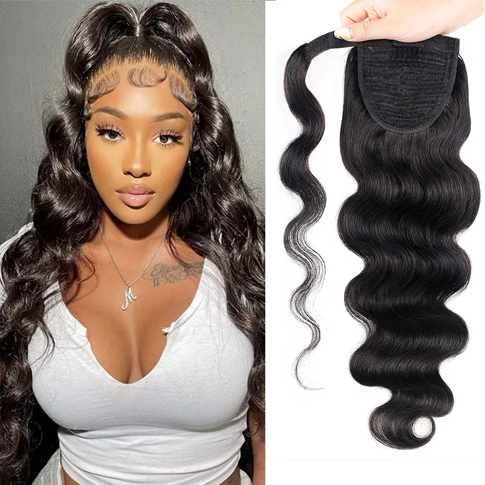 Body Wave Ponytail Extension Human Hair With Magic Paste Warp Around Brazilian 100% Human Hair For Women 1B Natural Color Virgin human hair extensions