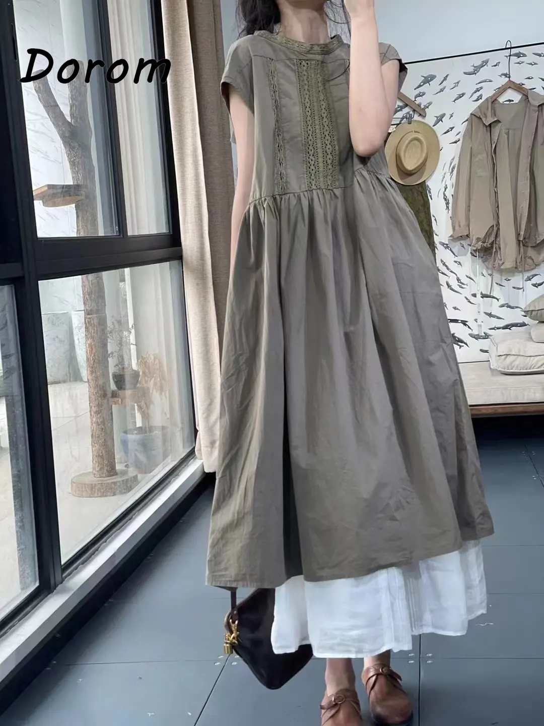 

Vintage Hollow Out Cotton Linen Dress Women Summer Japanese Sleeveless Patchwork Long Dress Female Casual Solid Maxi Vestidos