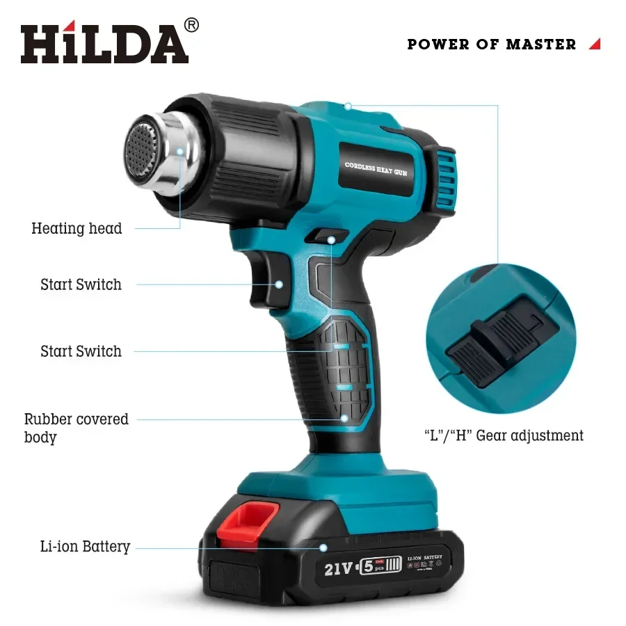 Handheld Hot Air Gun Rechargeable Cordless 300-550℃ Temperature Adjustable Electric Heat Gun with Nozzles for Makita 18V Battery 3