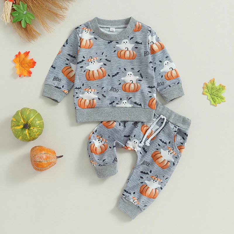 

2023-06-12 Lioraitiin 0-3Years Baby Boys Halloween Clothes Infant Pumpkin Print Long Sleeve Sweatshirt Pants 2Pcs Outfit