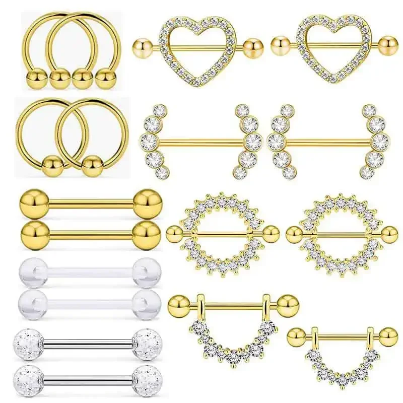 Fashion Stainless Steel Heart Nipple Piercing Set Jewelry Flower Nipple Barbell Pack Crystal Nipple Ring Lot Sexy Body Piercing