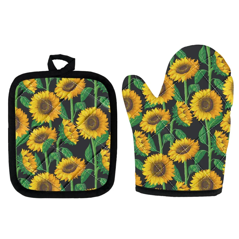 

Sunflowers Pattern Oven Mitt and Pot Holder Set Kitchen Insulation Pad Rose Print Oven Gloves Heat Resistant Baking Accessories