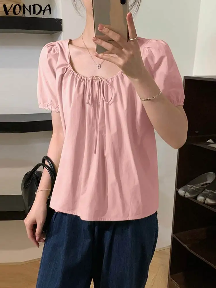 

Women Fashion Blouses VONDA 2023 Summer Short Puff Sleeve Tops O Neck Bandage Pleated Casual Loose Solid Color Blusas Femininas