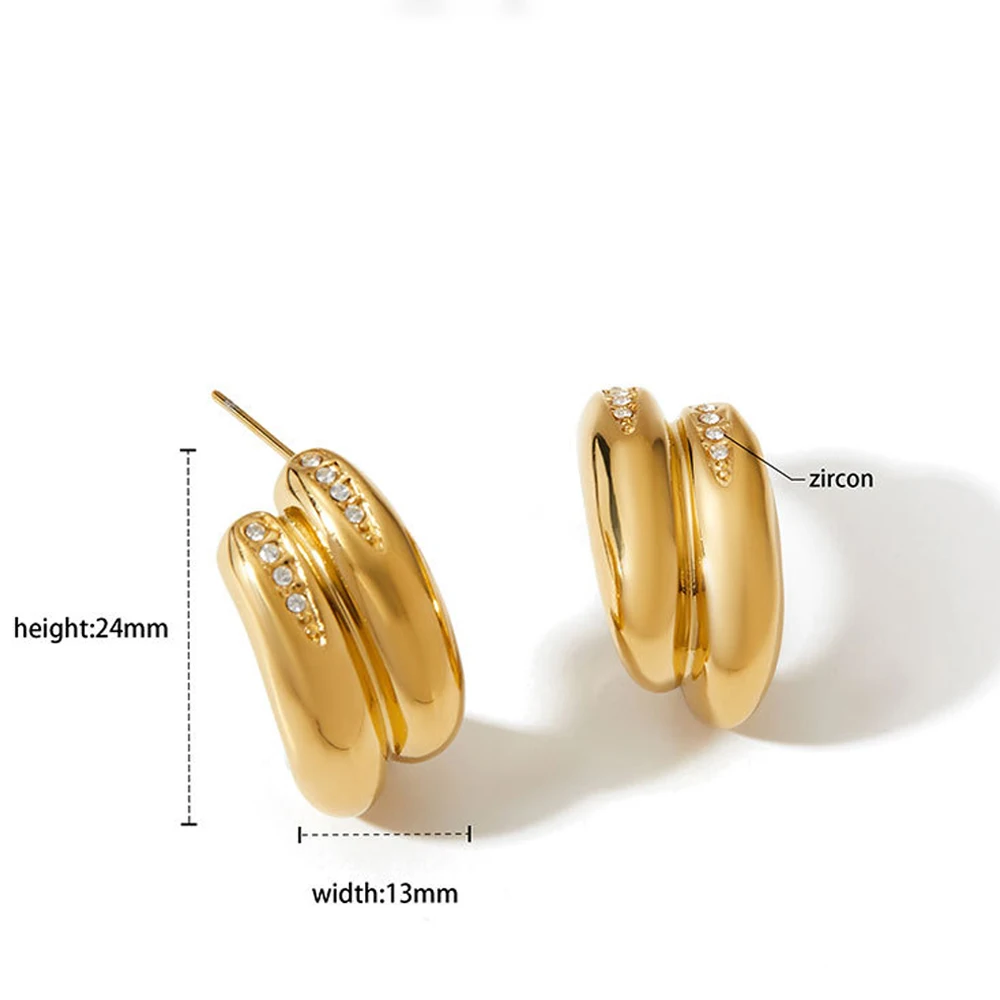 Vintage Two-tone Double C-shape Stud Earrings Polished 18K Gold Plated Mini Zircon Ear Hoops Simple Versatile Jewelry Wholesale