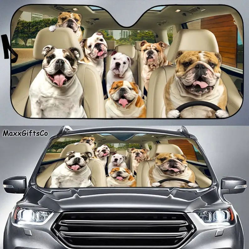 

English Bulldog Car Sun Shade, English Bulldog Windshield, Dogs Family Sunshade, Dogs Car Accessories, Car Decoration, Gift For