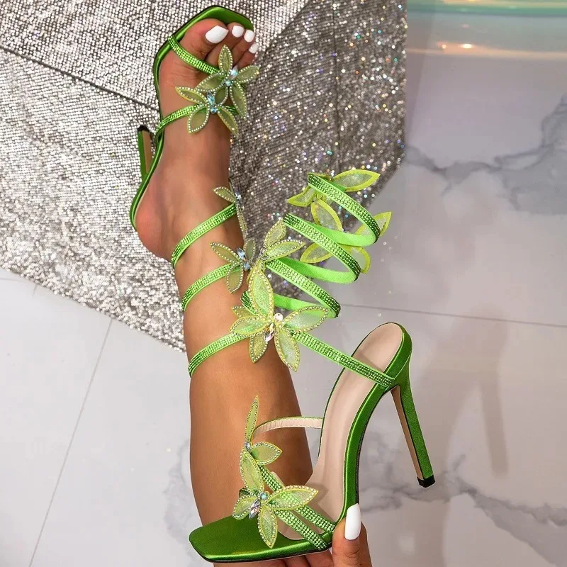 Elegant Crystal Butterfly-knot Ankle Strap Woman Sandals Sexy Open Toe Thin High Heels Stripper Party Banquet Pumps Shoes