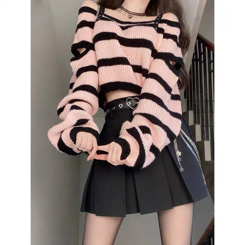 Spicy Girls Suit Y2K Striped Shoulder Top Salt Fried Street Skirt High-End Sweet And Spicy JK Two-Piece Dress