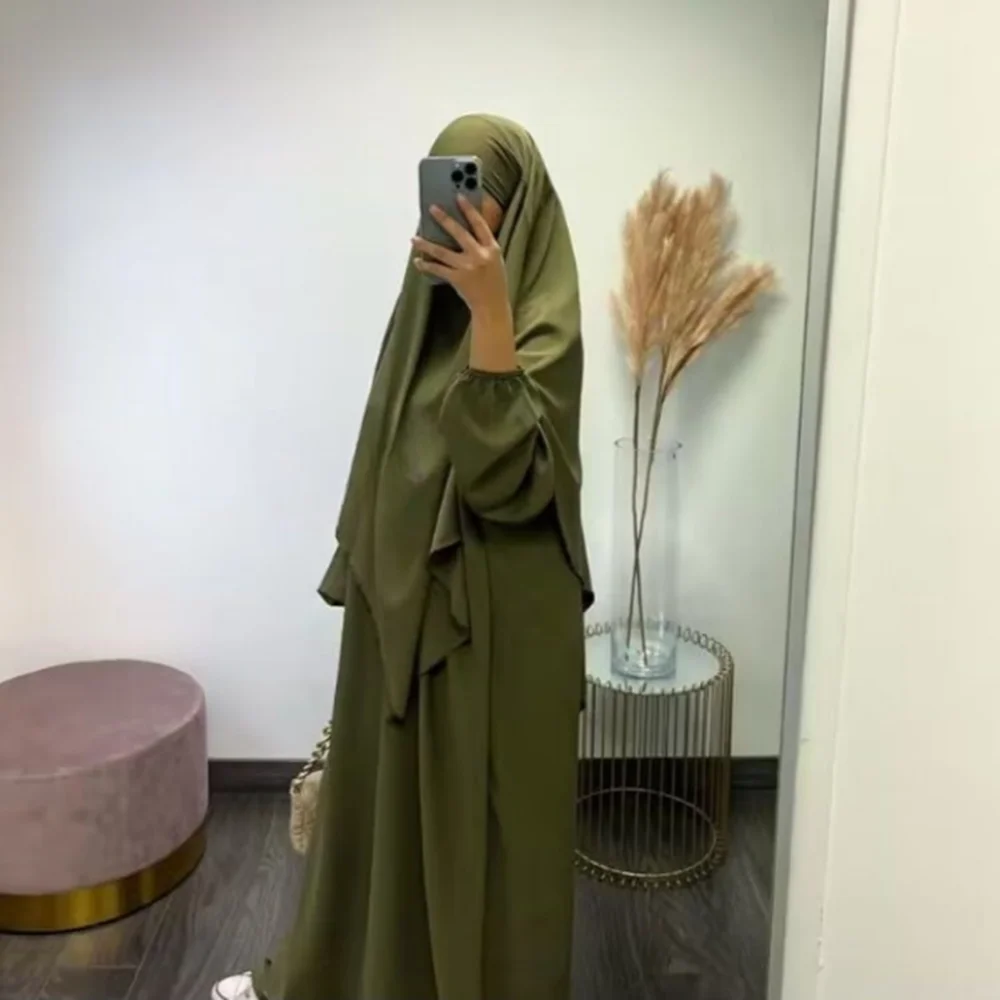 Jilbab 여성 기도복, 라마단 이슬람 Jilbeb 2 종 세트, 두바이 터키식 겸손 의상, 레이어드 Khimar 스카프, 히잡 롱 드레스