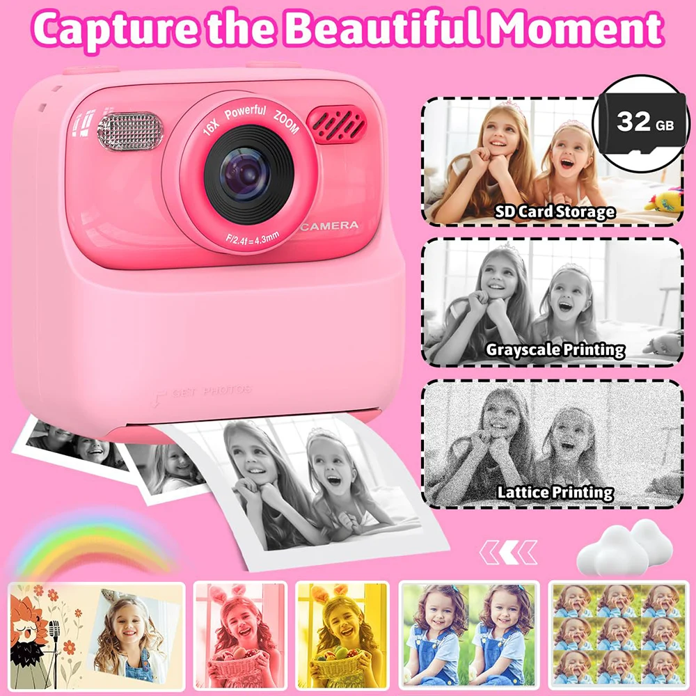 Kids Camera Instant Print, Selfie Digital Camera for Kids Boys& Girls Ideal Kids Toys Gifts HD Instant Print Camera for Kids,