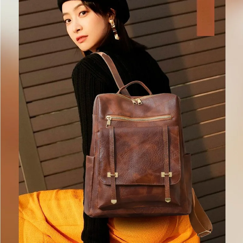 

2024 New Retro Simple Fashion Soft Leather Backpack Women New Large Capacity Wearable Mommy Travel Backpack College Student Bag