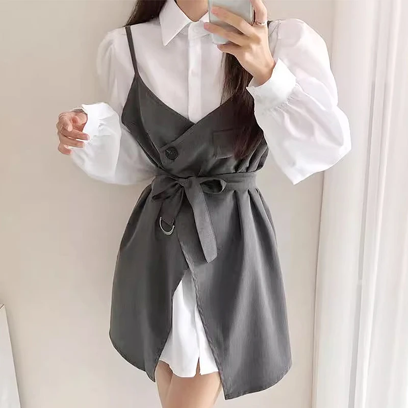 

SuperAen Korean Chic Autumn Niche Irregular Lace Up Waist Drawstring Dress Long Sleeved Shirt Dress Set for Women