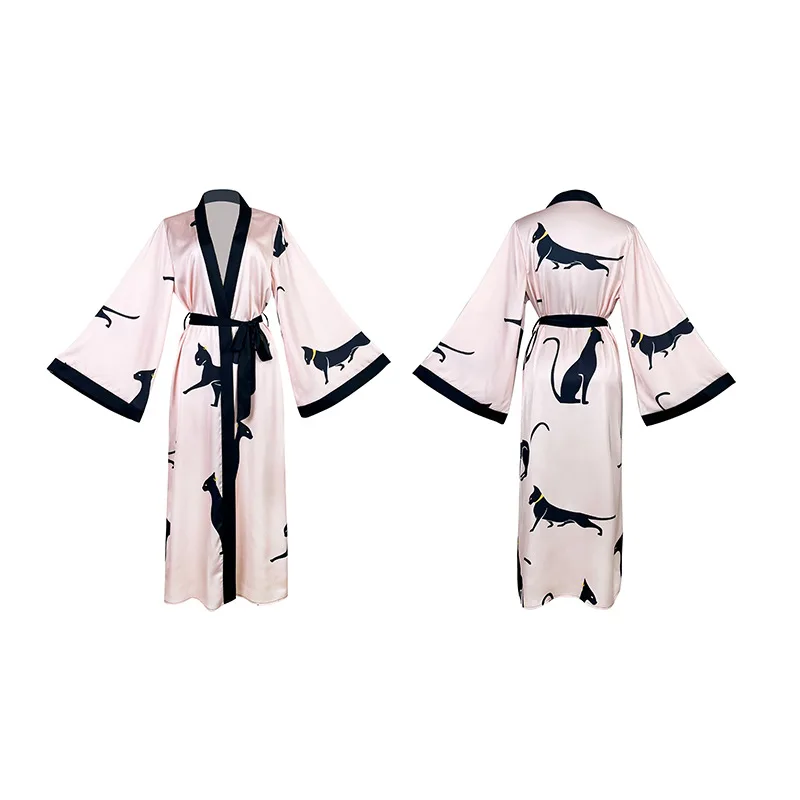Wedding Party Dress Fashion Printed Robe Women's Clothing Loose Silk Satin Sleepwear Night Gowns Long Sleeve Ladies Bathrobe - 5