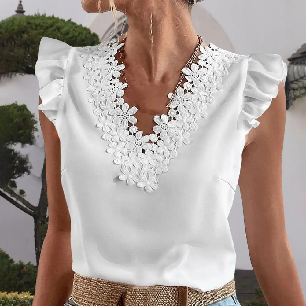 

Ruffled Sleeves Tee Shirt Elegant Lace Flower Splicing V-neck Women's Summer Shirt with Ruffled Sleeves Slim Fit for Streetwear