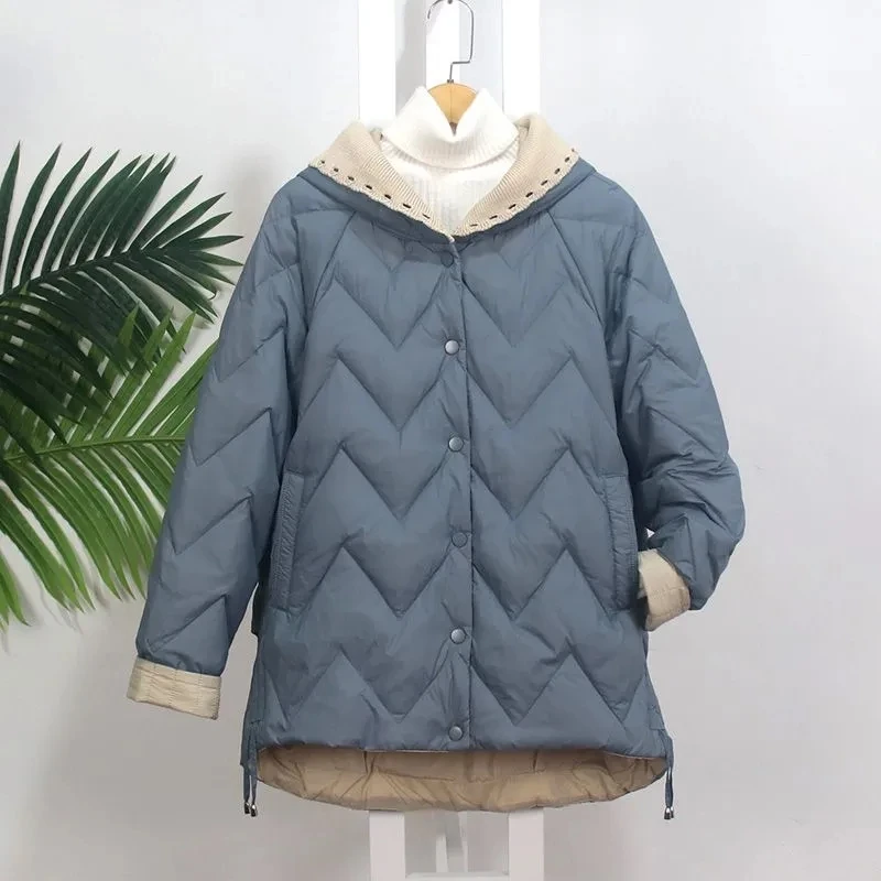

Knitted Patchwork Hooded Single Breasted Coats Autumn Winter New Women's Casual Warm White Duck Down Jacket