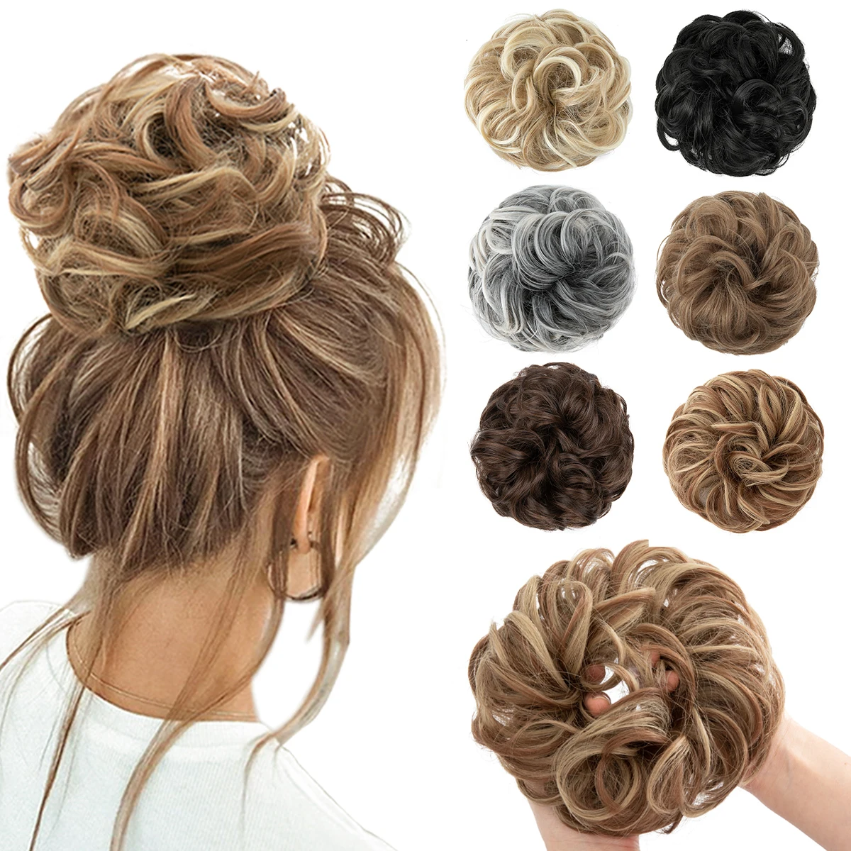 

Synthetic Messy Hair Bun Extensions Big Curly Elastic Hair Scrunchies Hairpieces Chignon Donut Updo Hair Pieces for Women