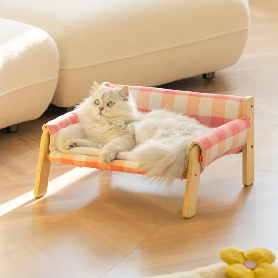 

Wooden Legs Cat Bed Small Size Indoor Nook Gingham Design Funny Elevated High Waterproof Nest Durable Kedi Evi Pet Accessories