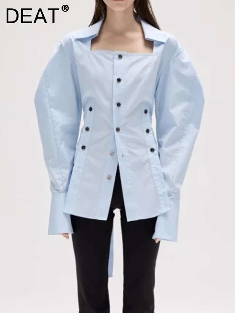 

Женская рубашка с квадратным вырезом DEAT, свободная блузка из 100% промытого хлопка с длинными рукавами и тройным рядом пуговиц, весна 2024